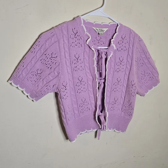 Miss Selfridge Cropped Pointelle Tie Front Cardigan Women’s Size Small Lilac - Picture 4 of 11